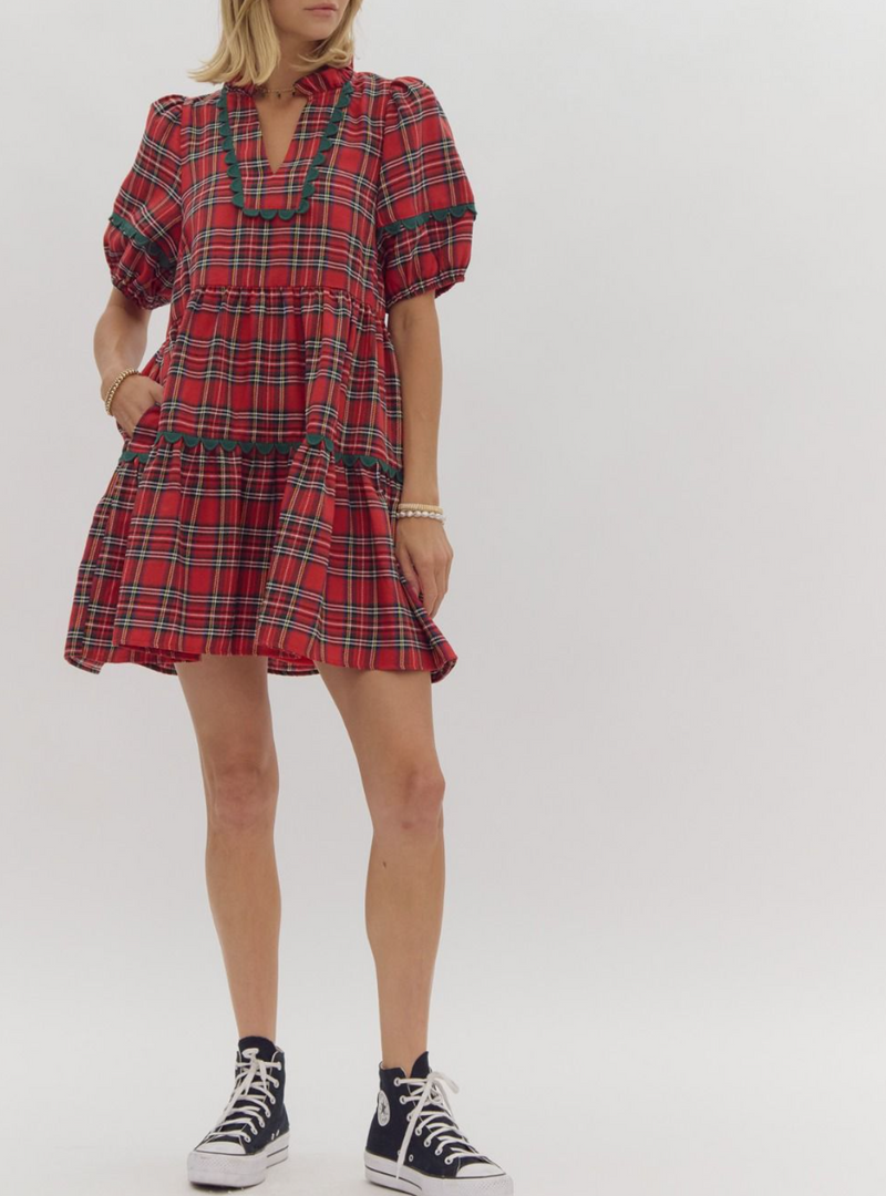 Plaid Print V-Neck Short Sleeve Mini Dress