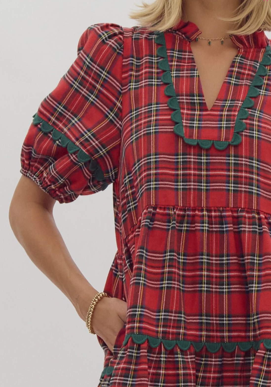 Plaid Print V-Neck Short Sleeve Mini Dress