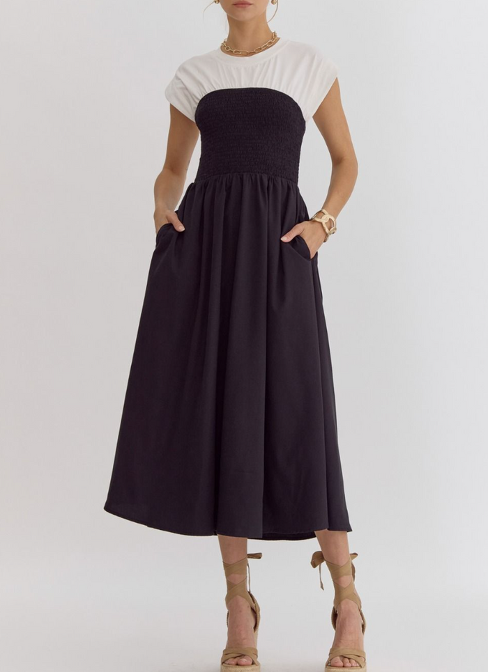 Solid Round Neck Short Sleeve Midi Dress