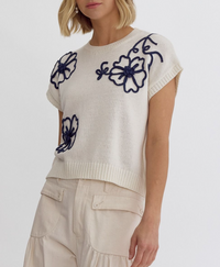 Short Sleeve White Knit Top with Navy Floral Embroidery