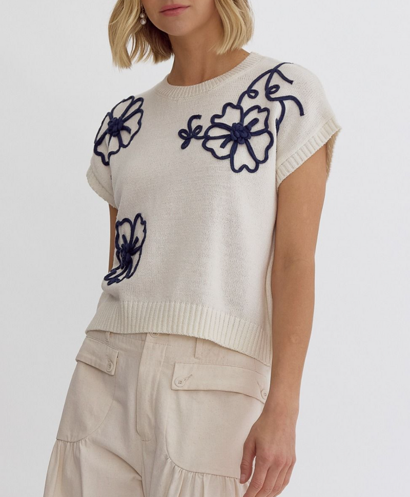 Short Sleeve White Knit Top with Navy Floral Embroidery