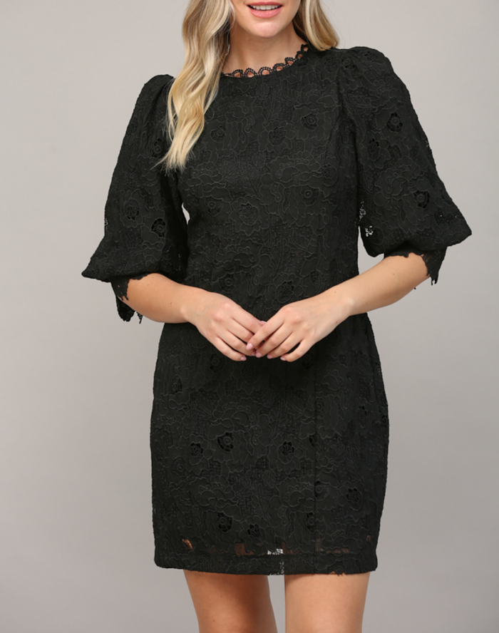 Short Puff Sleeve Crochet Lace Shift Dress