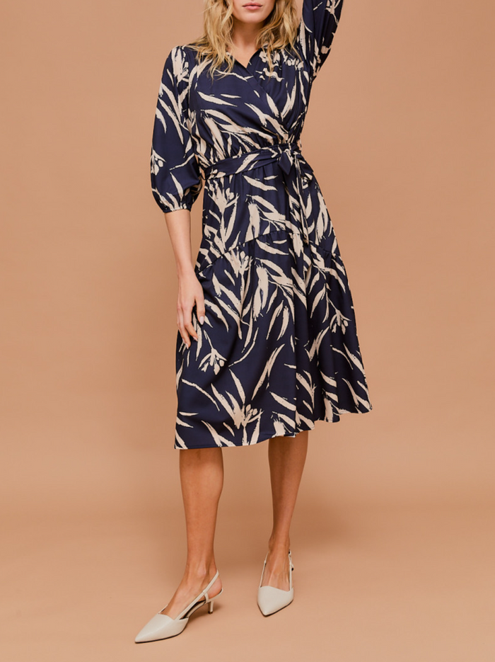 3/4 Sleeve Surplice Waist Elastic Tie Strap Abstract Midi Dress