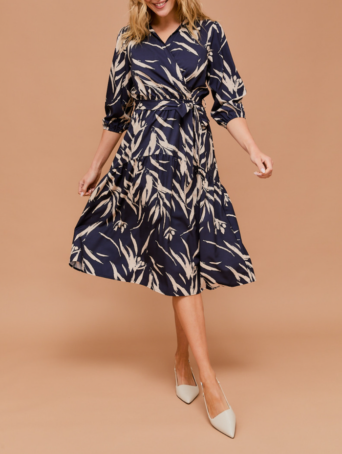 3/4 Sleeve Surplice Waist Elastic Tie Strap Abstract Midi Dress