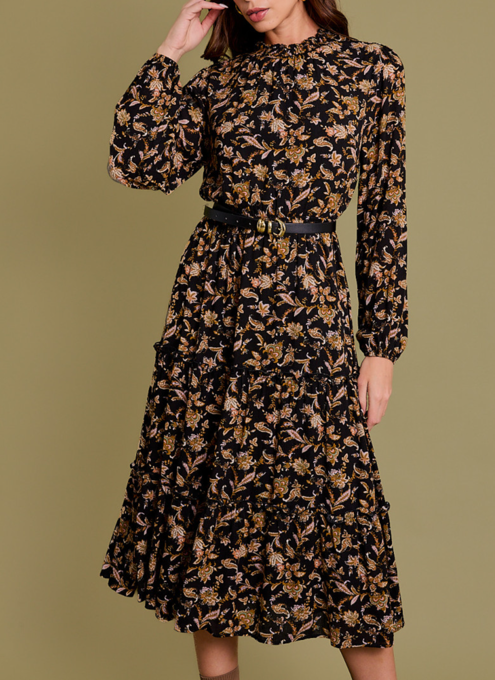 Long Sleeve Smocking Neck Shirring Back Key Hole Paisley Print Midi Dress