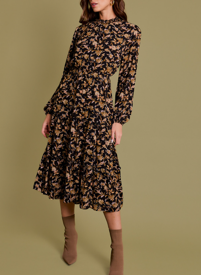 Long Sleeve Smocking Neck Shirring Back Key Hole Paisley Print Midi Dress