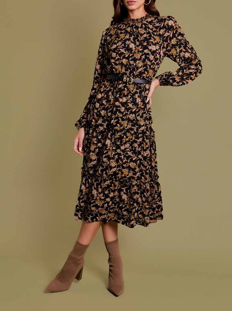 Long Sleeve Smocking Neck Shirring Back Key Hole Paisley Print Midi Dress