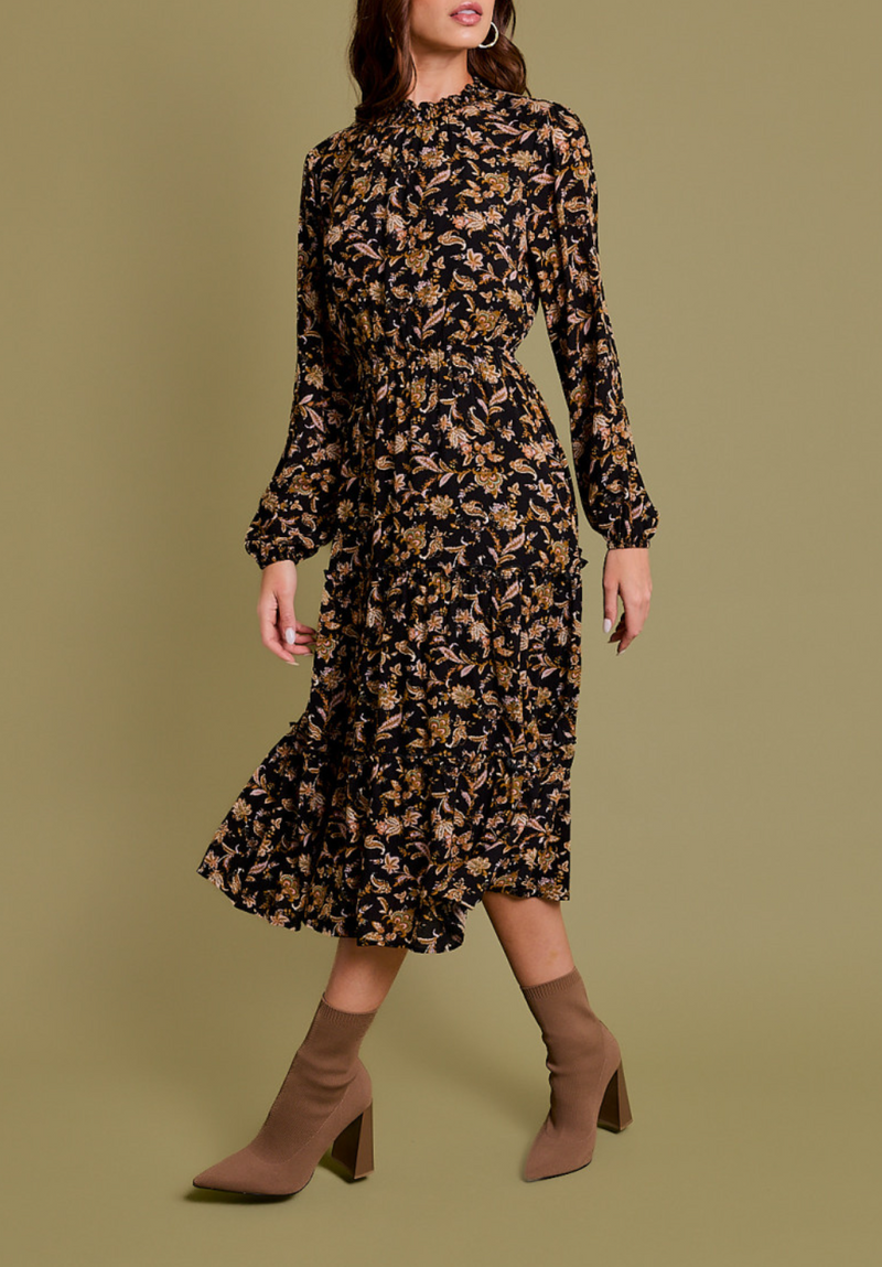 Long Sleeve Smocking Neck Shirring Back Key Hole Paisley Print Midi Dress