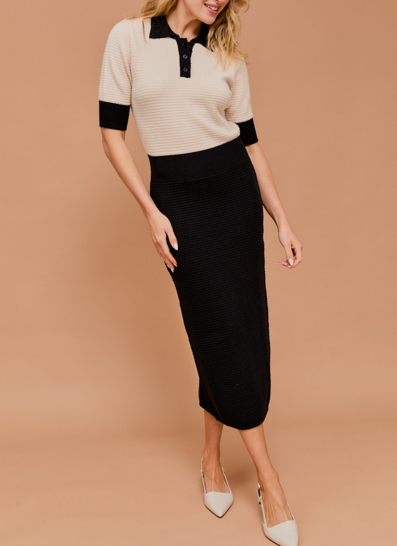 Polo Neck Puff Short Sleeve Knit Midi Dress