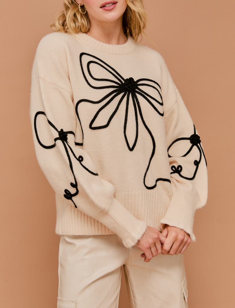 Long Sleeve Crew Neck Ribbon Sweater Top