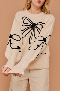 Long Sleeve Crew Neck Ribbon Sweater Top