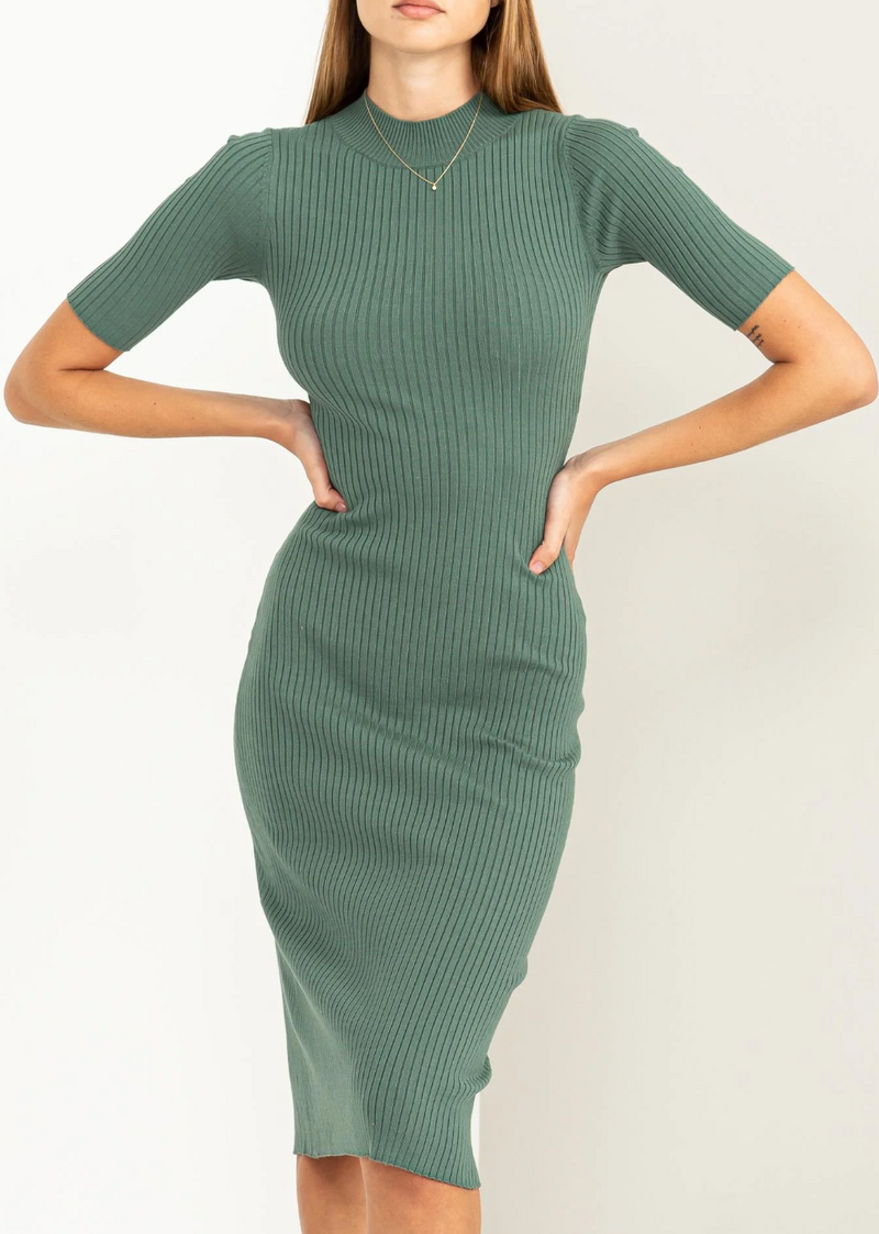 High Neck Half Sleeve Ribbed Midi Dress