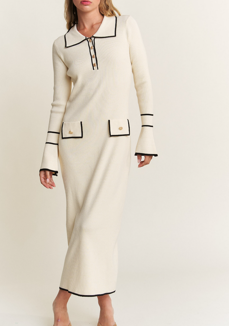 Ivory Contrast Collared Knit Midi Dress