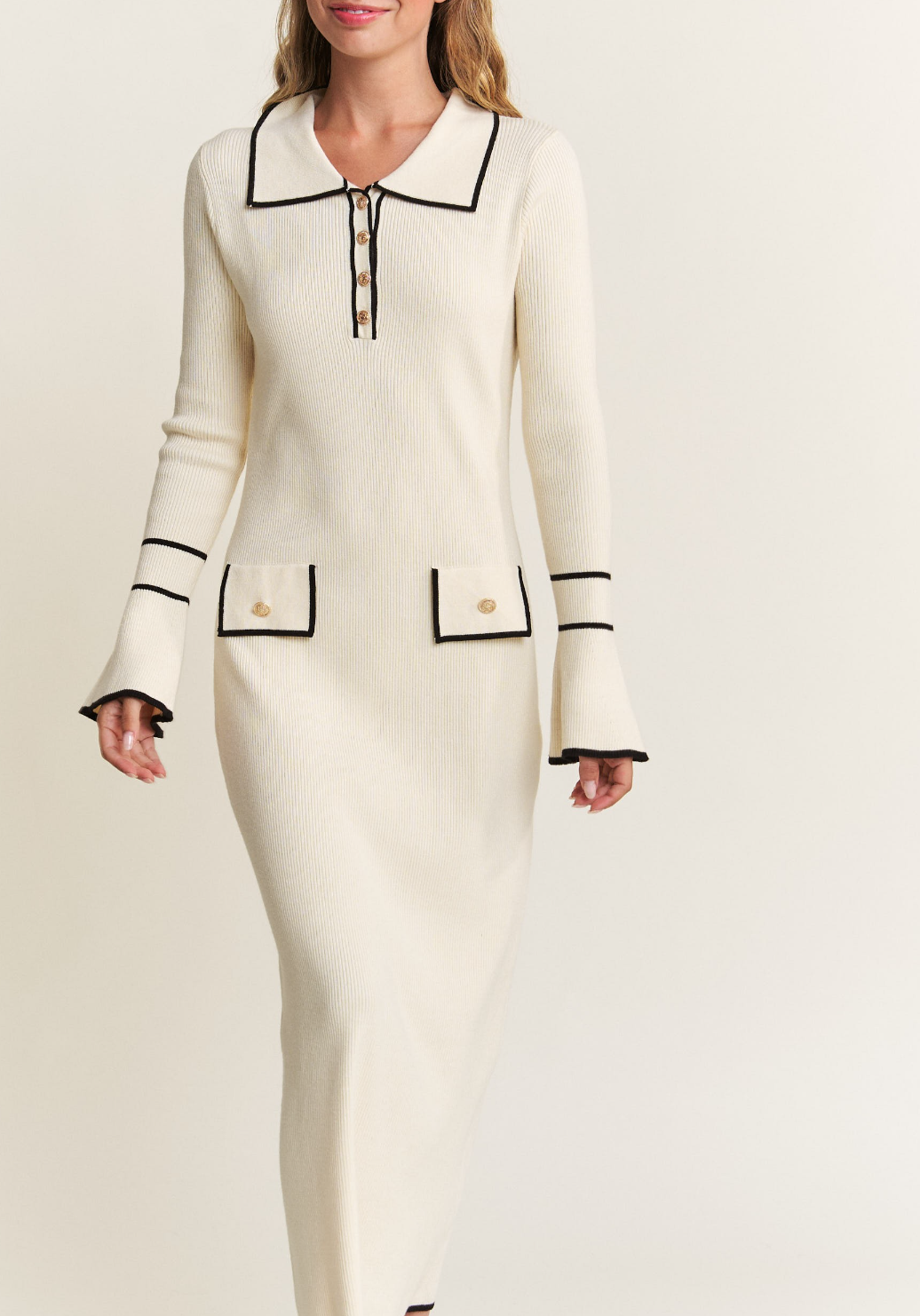 Ivory Contrast Collared Knit Midi Dress