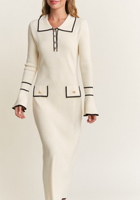 Ivory Contrast Collared Knit Midi Dress