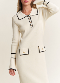 Ivory Contrast Collared Knit Midi Dress