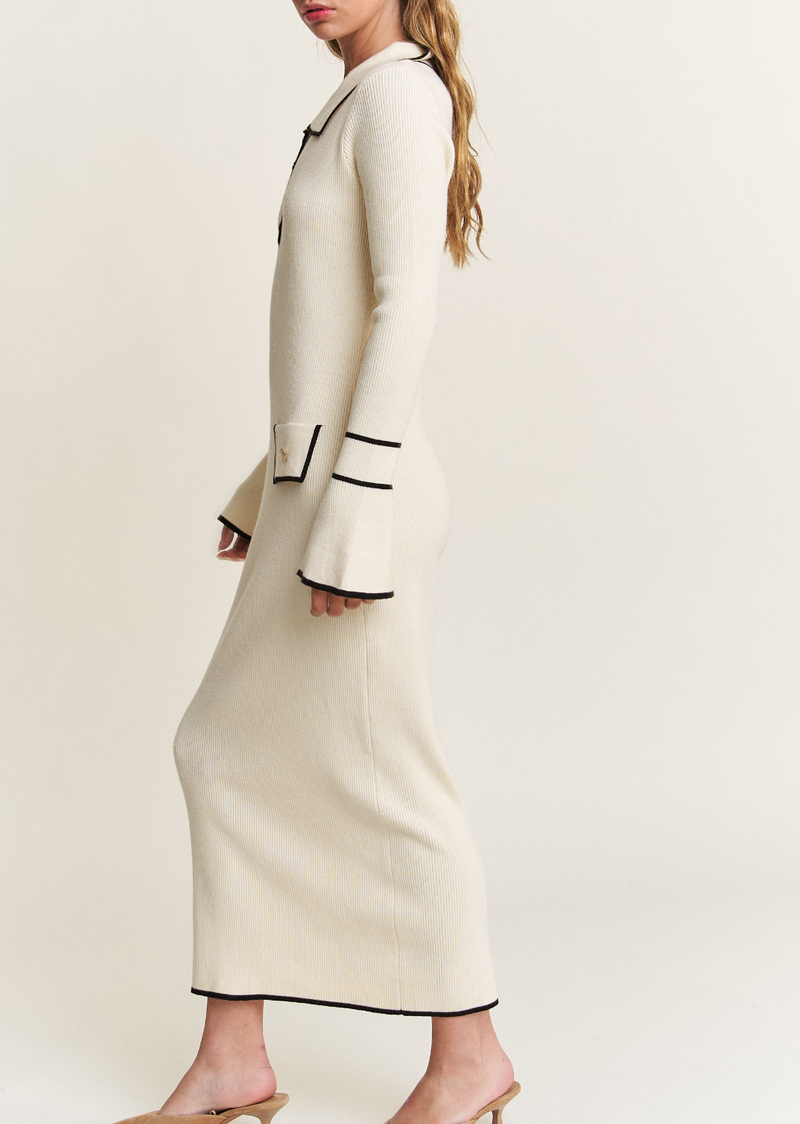 Ivory Contrast Collared Knit Midi Dress