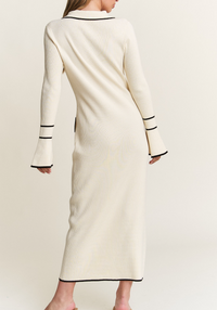 Ivory Contrast Collared Knit Midi Dress