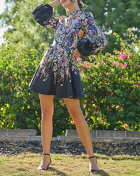 Long Puff Sleeve Floral Print Mini Dress