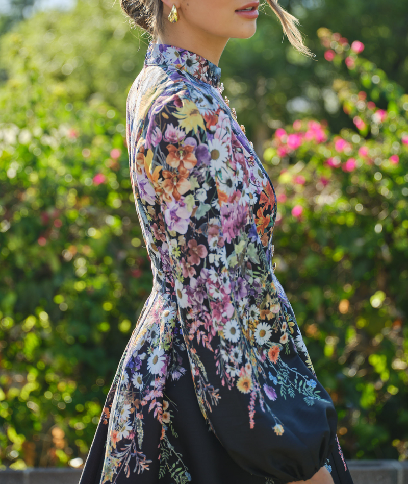 Long Puff Sleeve Floral Print Mini Dress