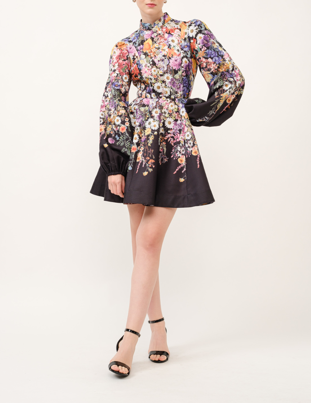 Long Puff Sleeve Floral Print Mini Dress