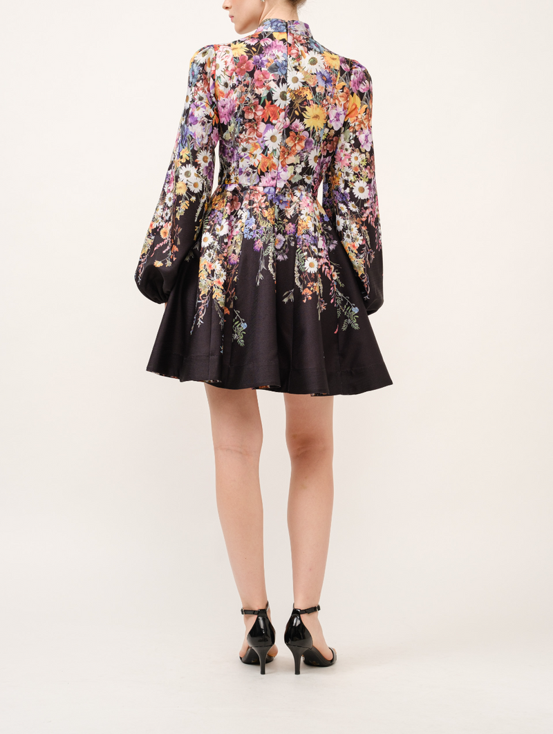 Long Puff Sleeve Floral Print Mini Dress