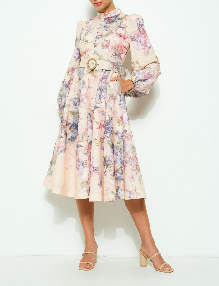 Long Sleeves Floral Print Belted-Waist Midi Dress