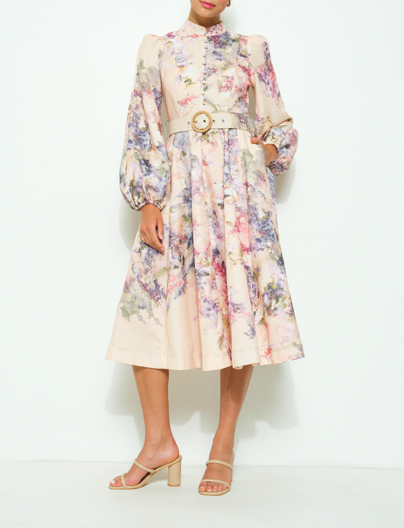 Long Sleeves Floral Print Belted-Waist Midi Dress