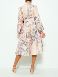 Long Sleeves Floral Print Belted-Waist Midi Dress