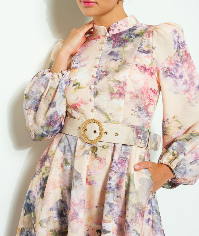 Long Sleeves Floral Print Belted-Waist Midi Dress