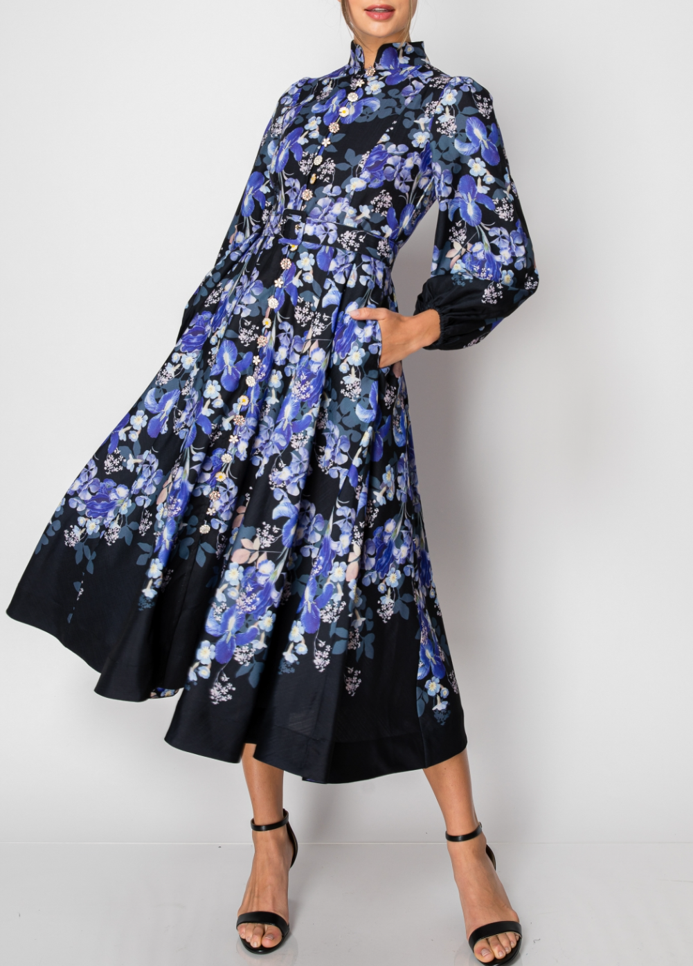 Long Sleeves Floral Print Belted-Waist Midi Dress