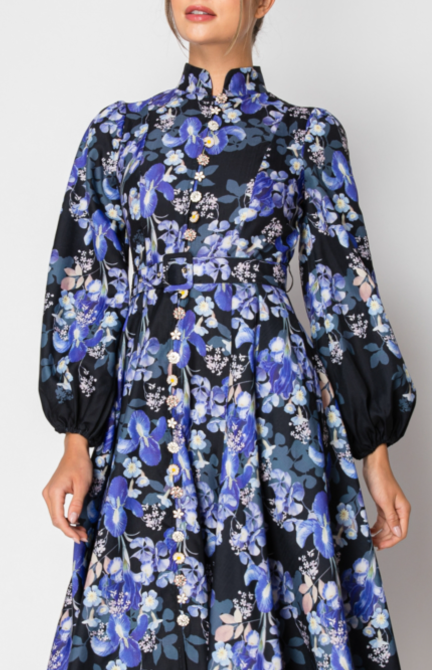 Long Sleeves Floral Print Belted-Waist Midi Dress