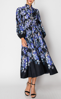 Long Sleeves Floral Print Belted-Waist Midi Dress