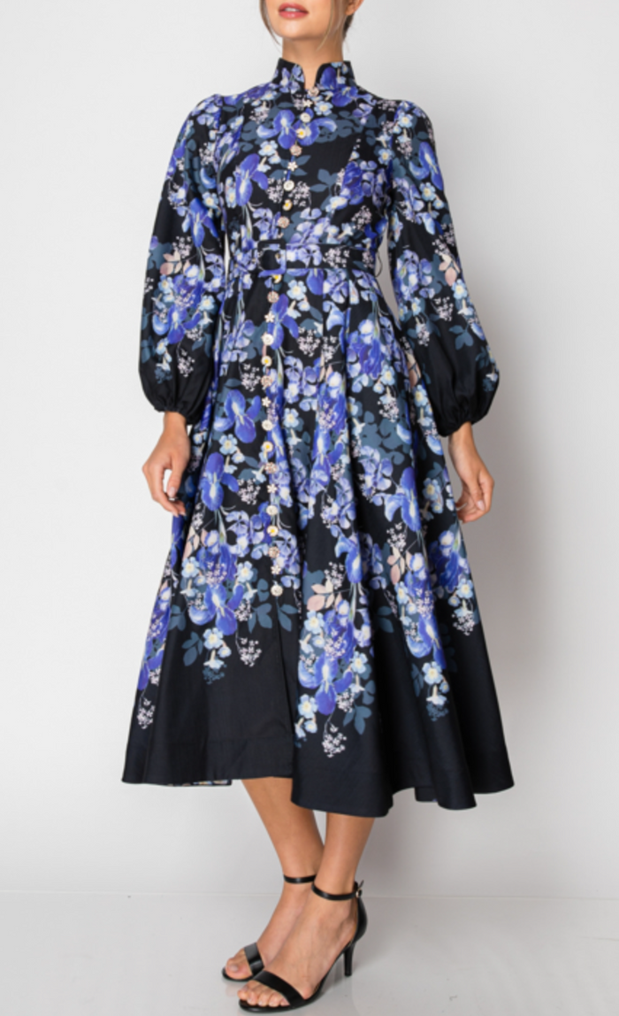 Long Sleeves Floral Print Belted-Waist Midi Dress