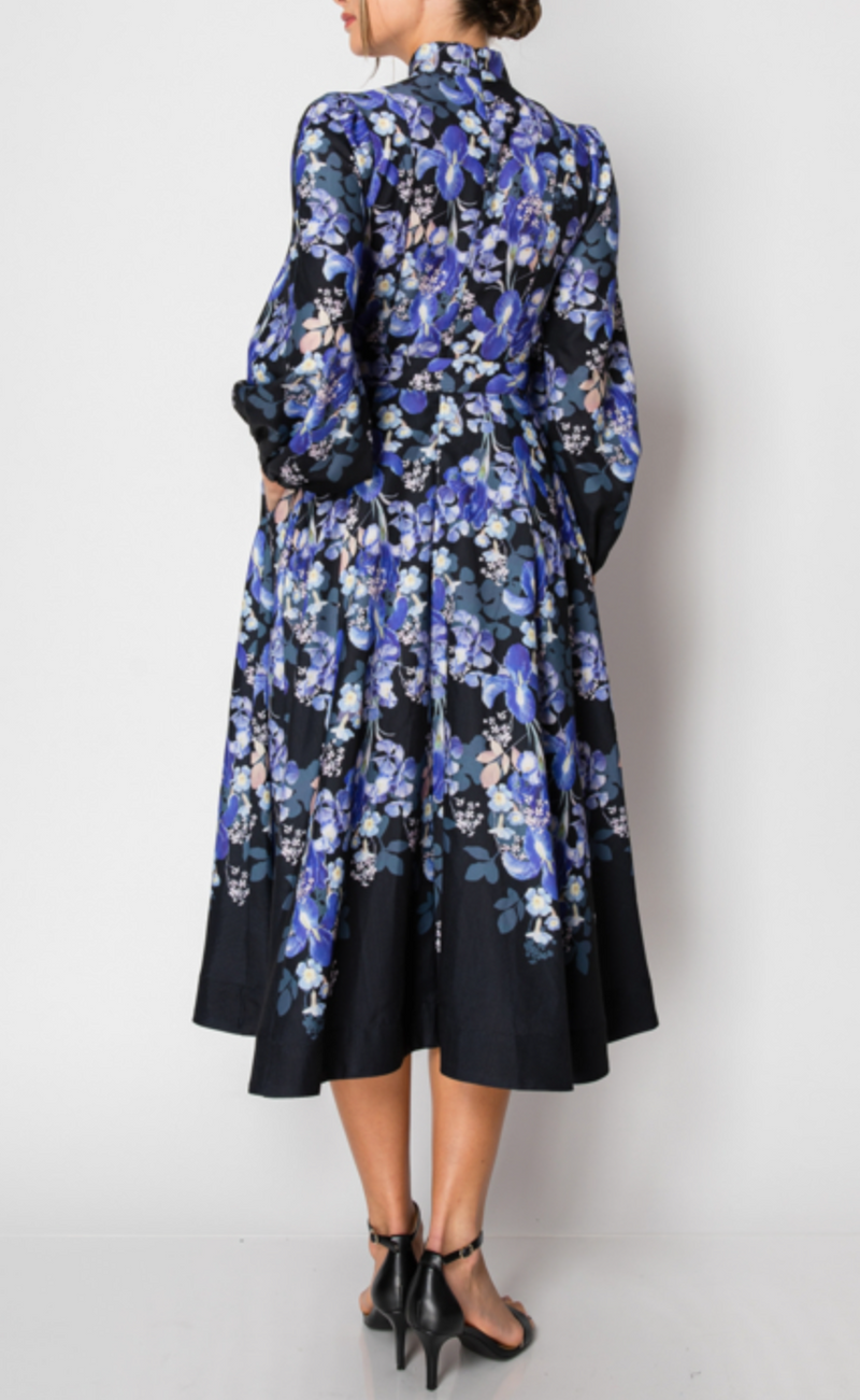 Long Sleeves Floral Print Belted-Waist Midi Dress