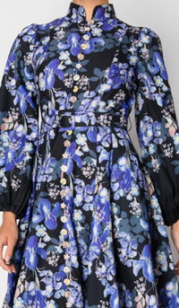 Long Sleeves Floral Print Belted-Waist Midi Dress