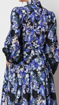 Long Sleeves Floral Print Belted-Waist Midi Dress