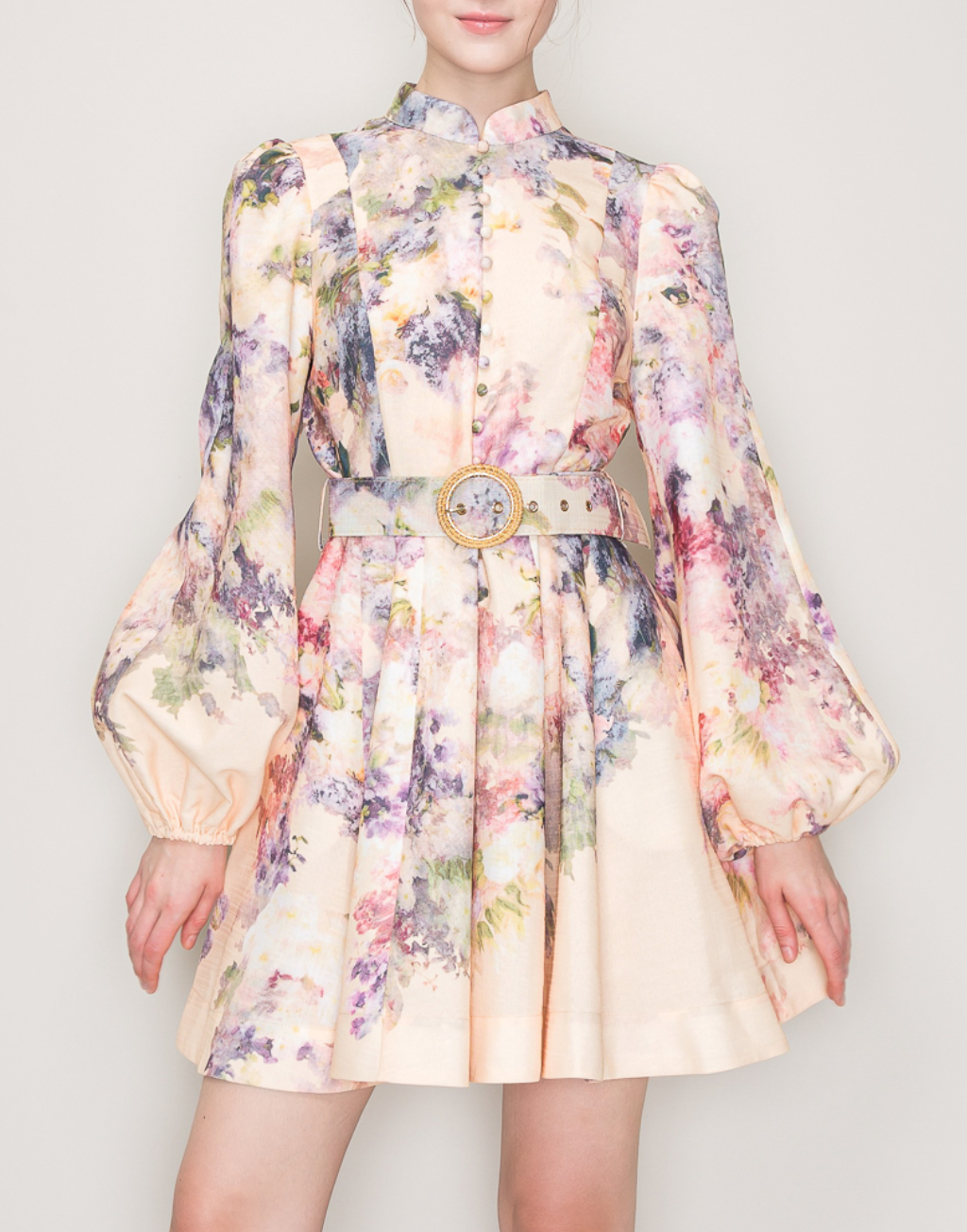 Long Sleeves Floral Print Belted-Waist Mini Dress