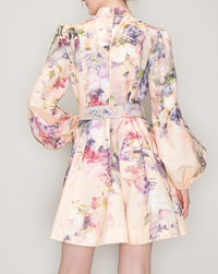 Long Sleeves Floral Print Belted-Waist Mini Dress