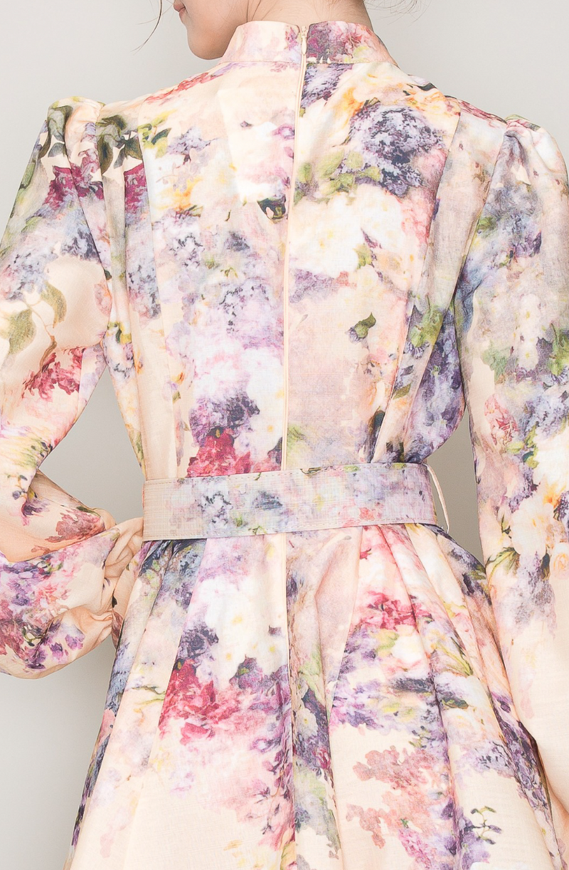 Long Sleeves Floral Print Belted-Waist Mini Dress