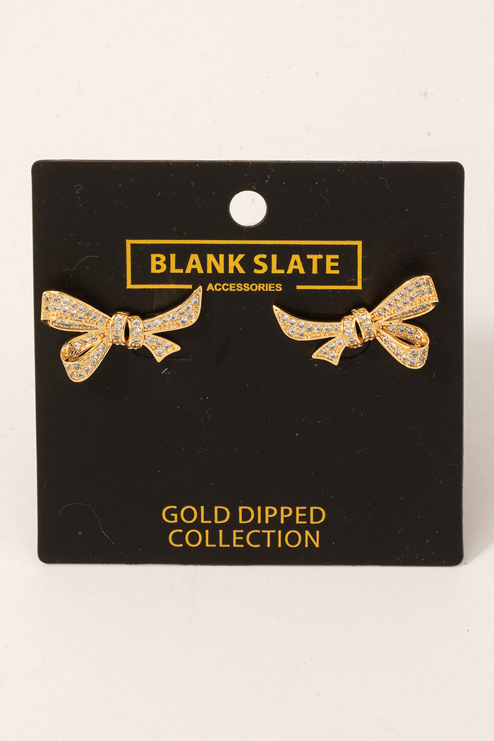 Gold-Dipped Pave Ribbon Bow Earrings