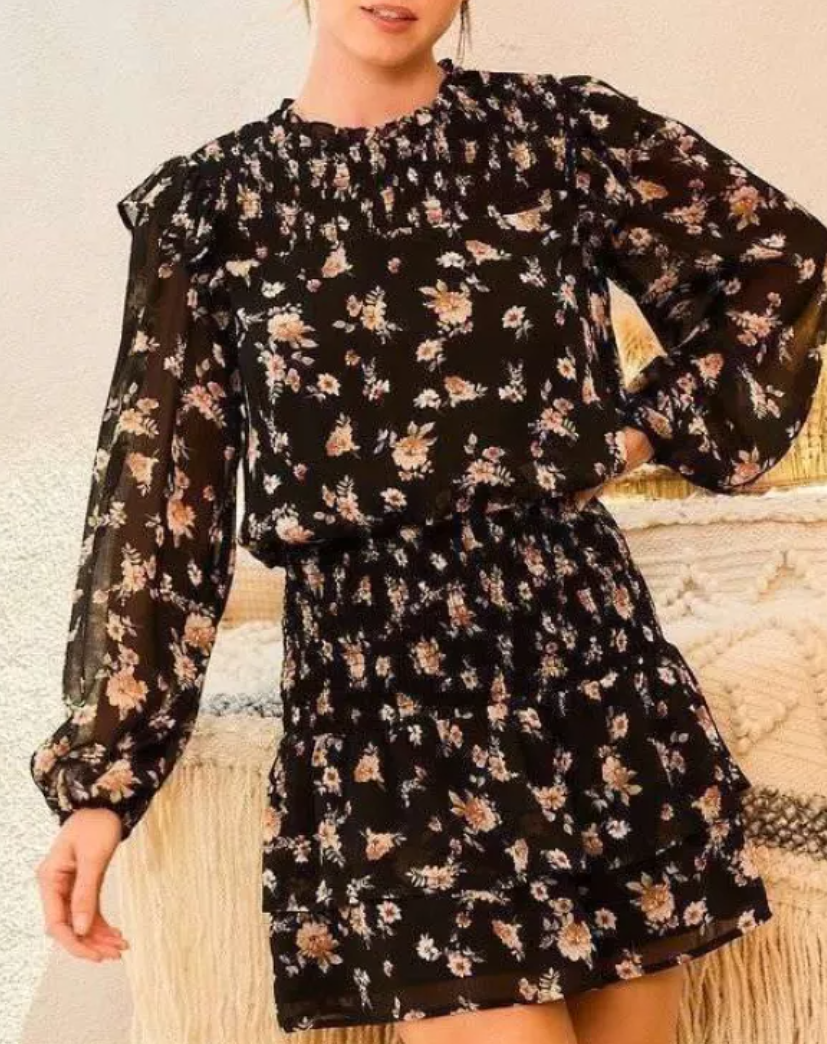 Long Sleeve Back Button Floral Print Dress