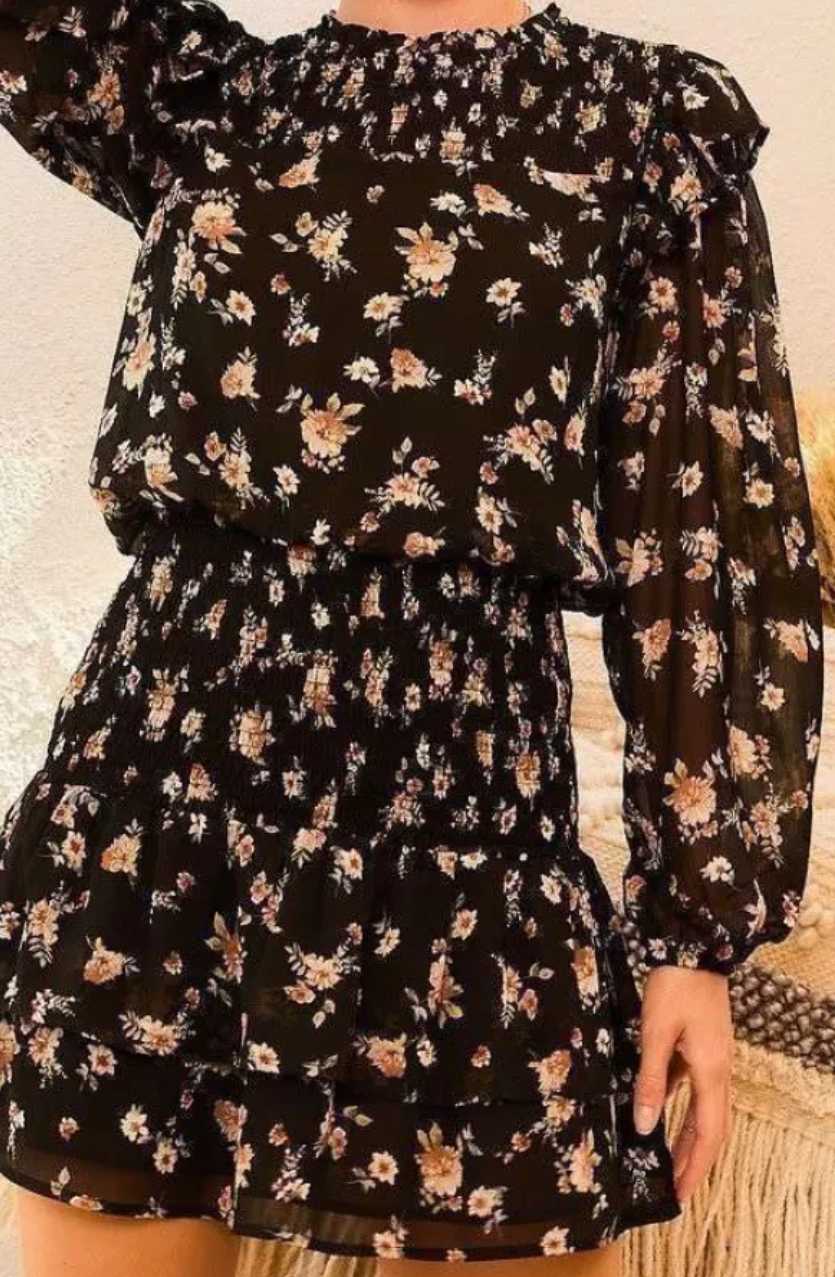 Long Sleeve Back Button Floral Print Dress