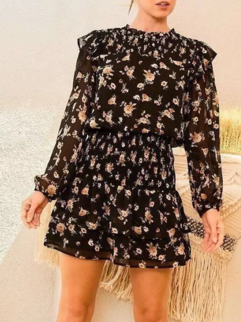 Long Sleeve Back Button Floral Print Dress