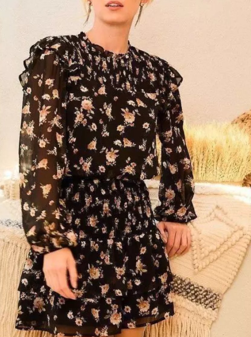 Long Sleeve Back Button Floral Print Dress