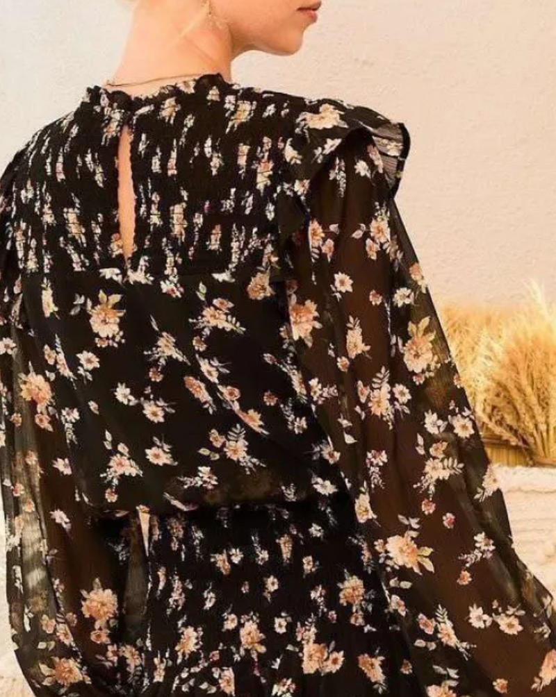 Long Sleeve Back Button Floral Print Dress