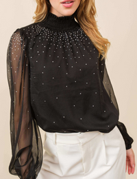 Rhinestone Trim See-Through Sheer Feminine Top