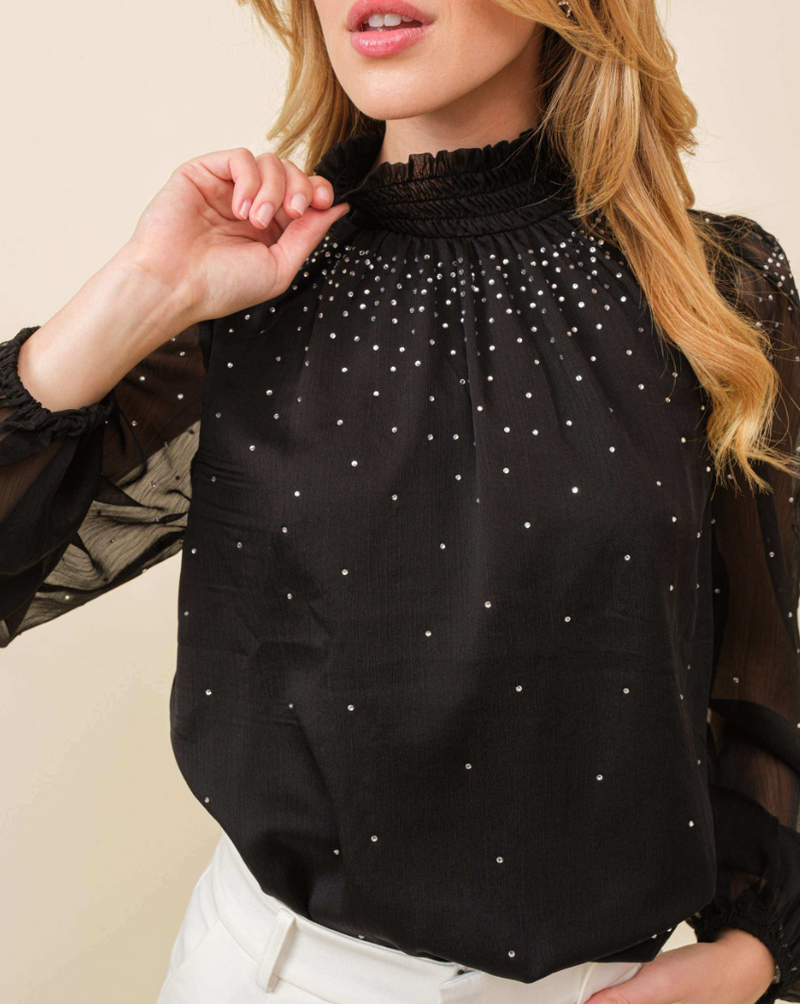 Rhinestone Trim See-Through Sheer Feminine Top