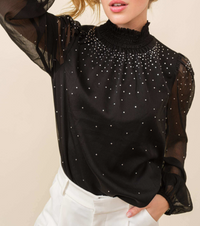 Rhinestone Trim See-Through Sheer Feminine Top