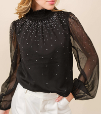 Rhinestone Trim See-Through Sheer Feminine Top